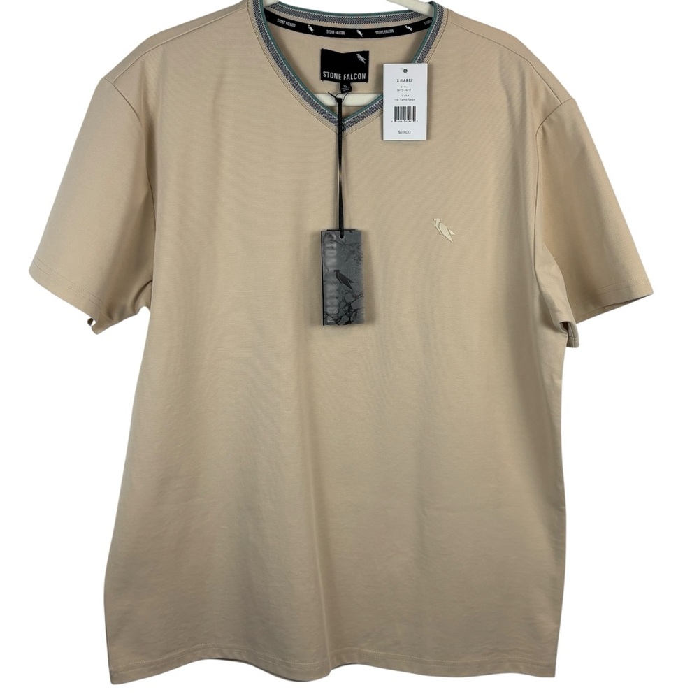 Stone Falcon Light Tan Performance Contrast Trim Golfing Shirt Size XL